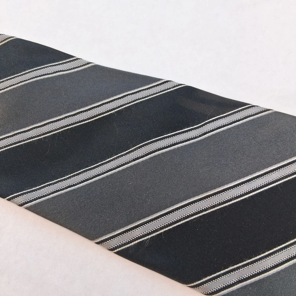 Bugatti Silk Necktie Mens OS Black Grey Silver Striped Classic Formal Business